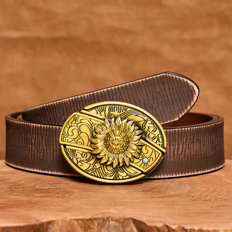Cinturón de cuero con navaja plegable oculta de bronce con diseño de girasol para hombre - Girasol - Cinturón marrón desgastado - 42 - image 9
