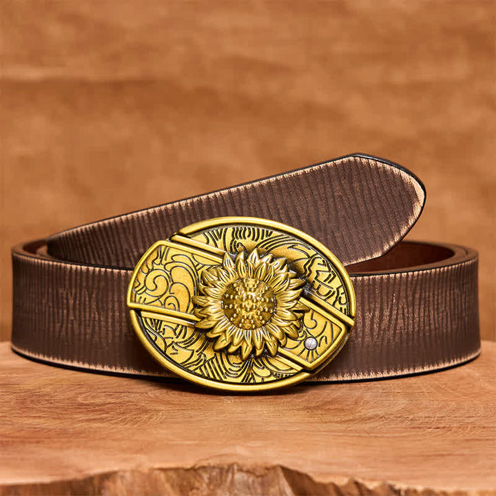 Cinturón de cuero con navaja plegable oculta de bronce con diseño de girasol para hombre - Girasol - Cinturón marrón desgastado - 42 - image 9