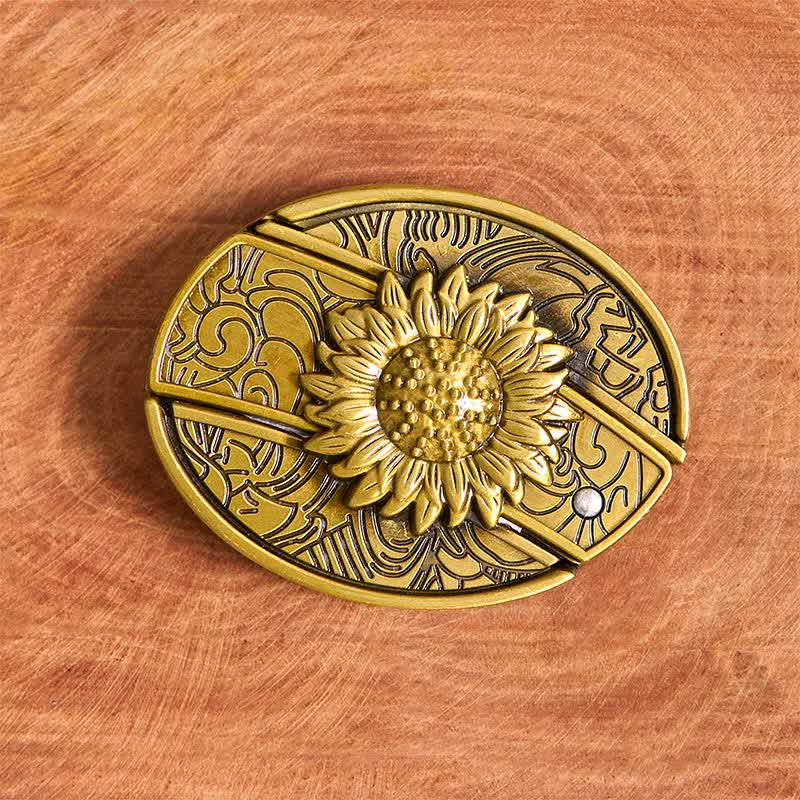 Cinturón de cuero con navaja plegable oculta de bronce con diseño de girasol para hombre - image 4