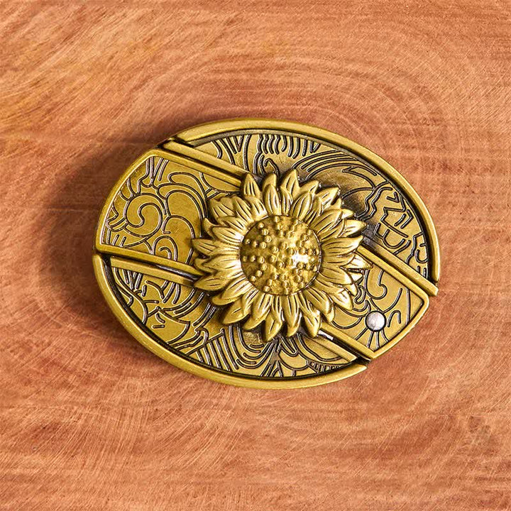 Cinturón de cuero con navaja plegable oculta de bronce con diseño de girasol para hombre - image 4