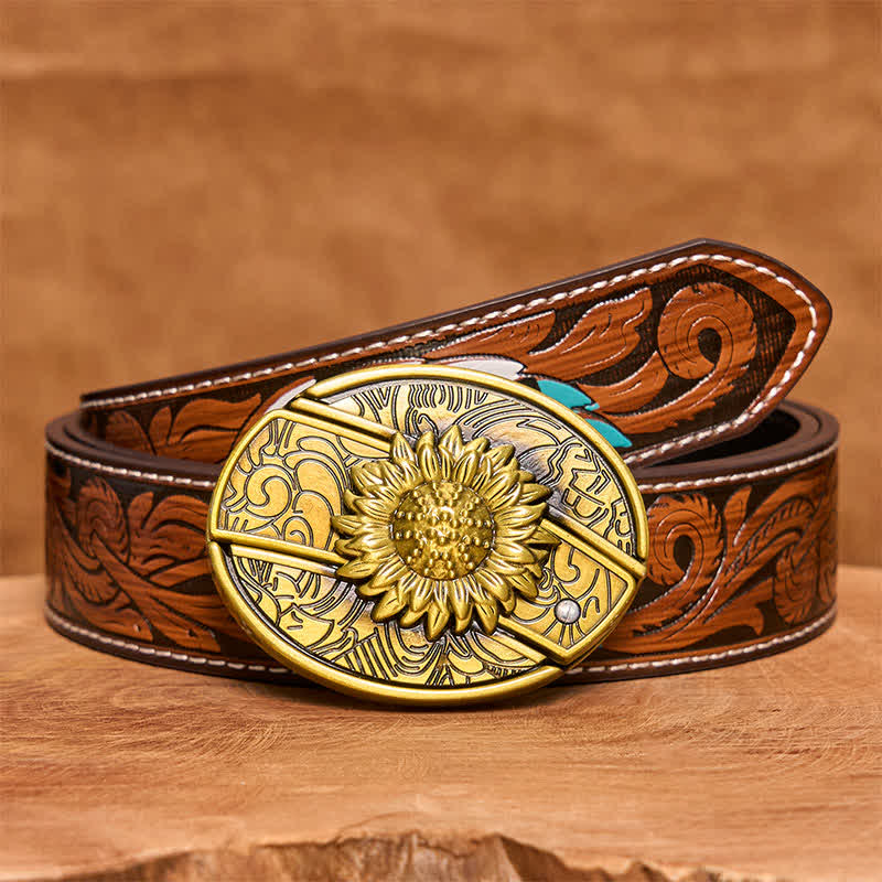 Cinturón de cuero con navaja plegable oculta de bronce con diseño de girasol para hombre - Girasol - Cinturón de plumas marrones - 40 - image 10