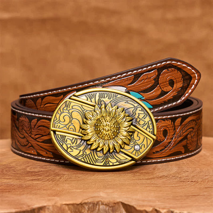 Cinturón de cuero con navaja plegable oculta de bronce con diseño de girasol para hombre - Girasol - Cinturón de plumas marrones - 40 - image 10
