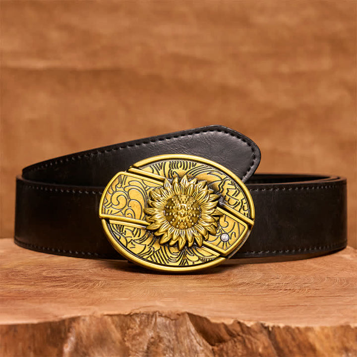 Cinturón de cuero con navaja plegable oculta de bronce con diseño de girasol para hombre - Girasol - Cinturón de PU negro - 42 - image 5