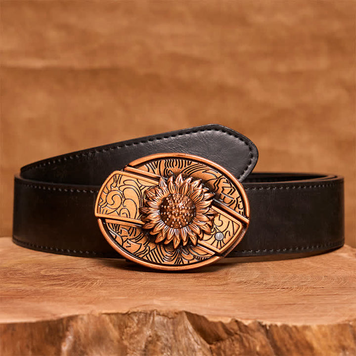 Cinturón de cuero con navaja plegable oculta con diseño de girasol en bronce rojo para hombre - Girasol - Cinturón de PU negro - 42 - image 5