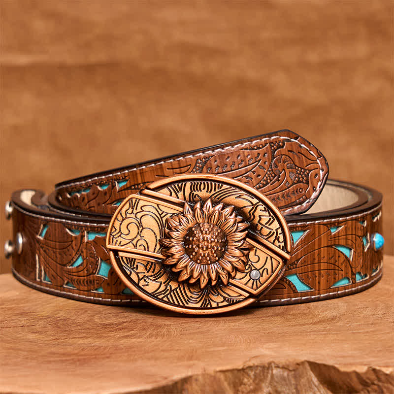 Cinturón de cuero con navaja plegable oculta con diseño de girasol en bronce rojo para hombre - Girasol - Cinturón tallado en turquesa - 42 - image 6