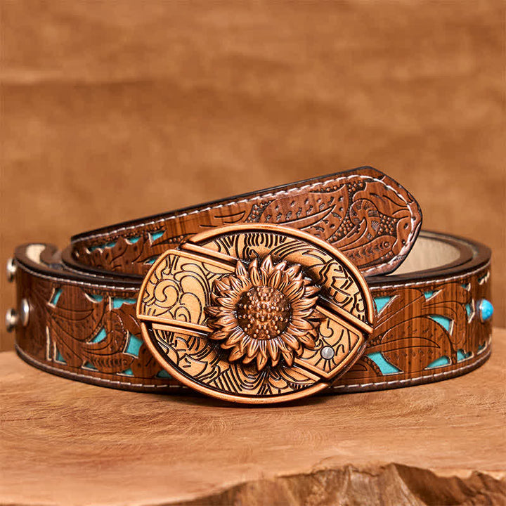 Cinturón de cuero con navaja plegable oculta con diseño de girasol en bronce rojo para hombre - Girasol - Cinturón tallado en turquesa - 42 - image 6