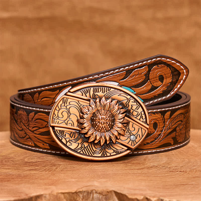 Cinturón de cuero con navaja plegable oculta con diseño de girasol en bronce rojo para hombre - Girasol - Cinturón de plumas marrones - 40 - image 10