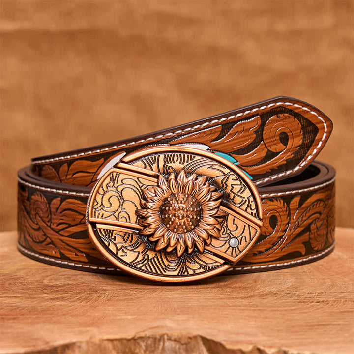 Cinturón de cuero con navaja plegable oculta con diseño de girasol en bronce rojo para hombre - Girasol - Cinturón de plumas marrones - 40 - image 10