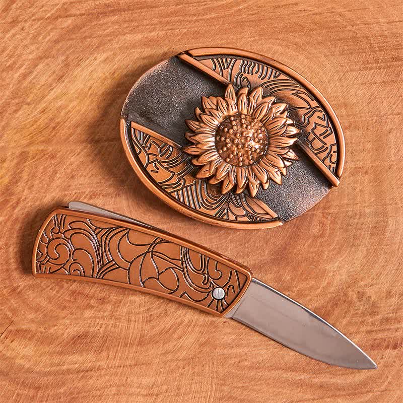 Cinturón de cuero con navaja plegable oculta con diseño de girasol en bronce rojo para hombre - image 2