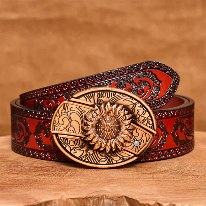 Cinturón de cuero con navaja plegable oculta con diseño de girasol en bronce rojo para hombre - Girasol - Cinturón tallado marrón - 42 - image 8
