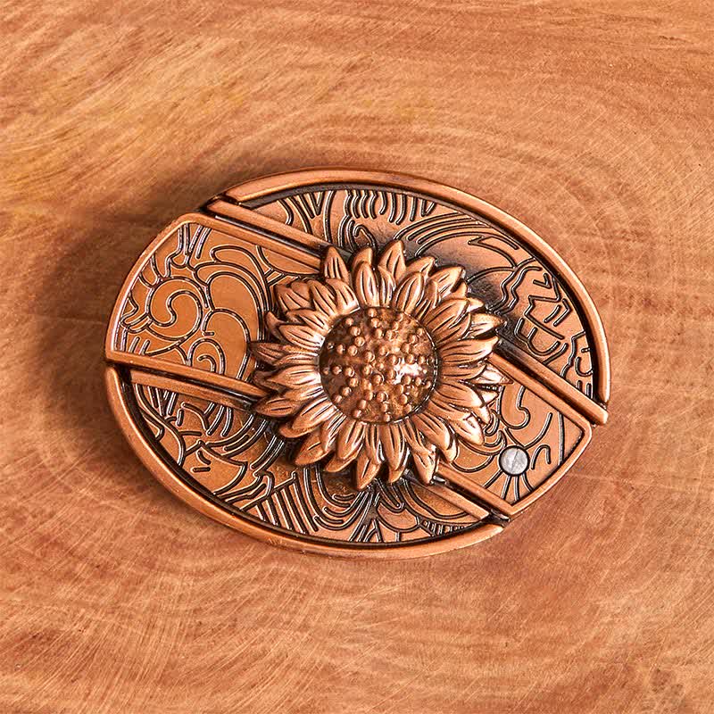 Cinturón de cuero con navaja plegable oculta con diseño de girasol en bronce rojo para hombre - image 3
