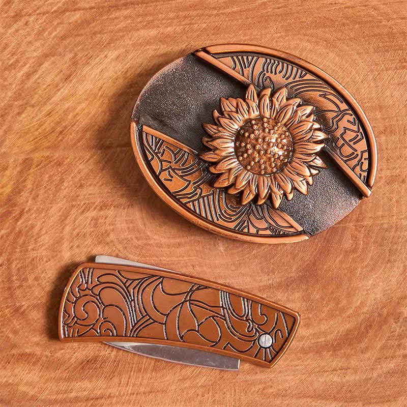 Cinturón de cuero con navaja plegable oculta con diseño de girasol en bronce rojo para hombre - image 4