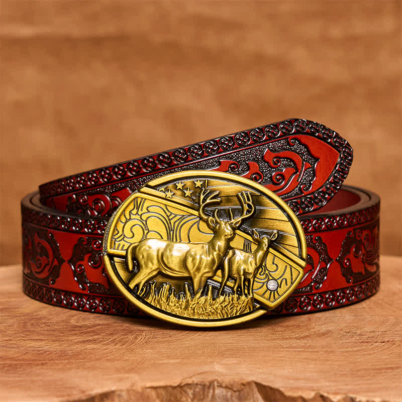 Cinturón de cuero con cuchillo plegable oculto de bronce con dos ciervos para hombre - Ciervos dobles - Cinturón tallado marrón - 42 - image 8