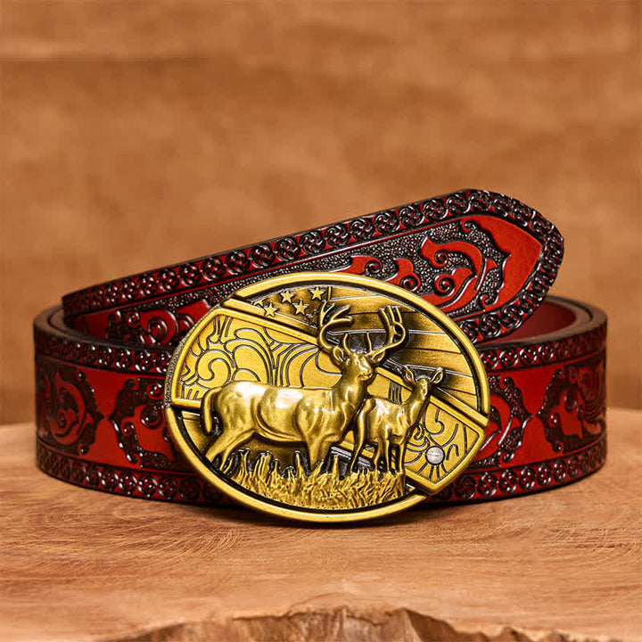 Cinturón de cuero con cuchillo plegable oculto de bronce con dos ciervos para hombre - Ciervos dobles - Cinturón tallado marrón - 42 - image 8