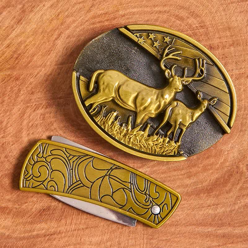 Cinturón de cuero con cuchillo plegable oculto de bronce con dos ciervos para hombre - image 3