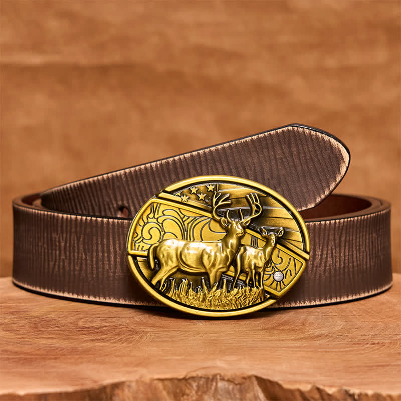 Cinturón de cuero con cuchillo plegable oculto de bronce con dos ciervos para hombre - Ciervos dobles - Cinturón marrón desgastado - 42 - image 9