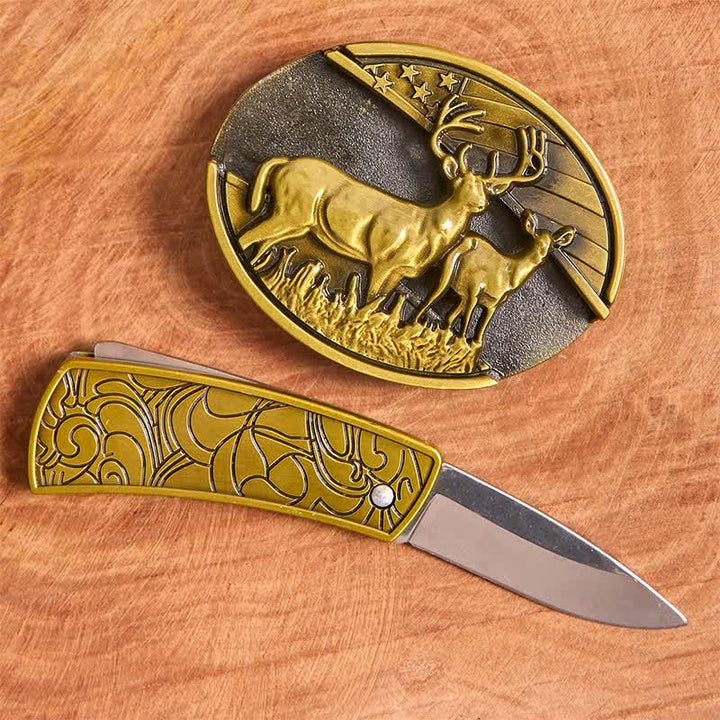Cinturón de cuero con cuchillo plegable oculto de bronce con dos ciervos para hombre - image 2