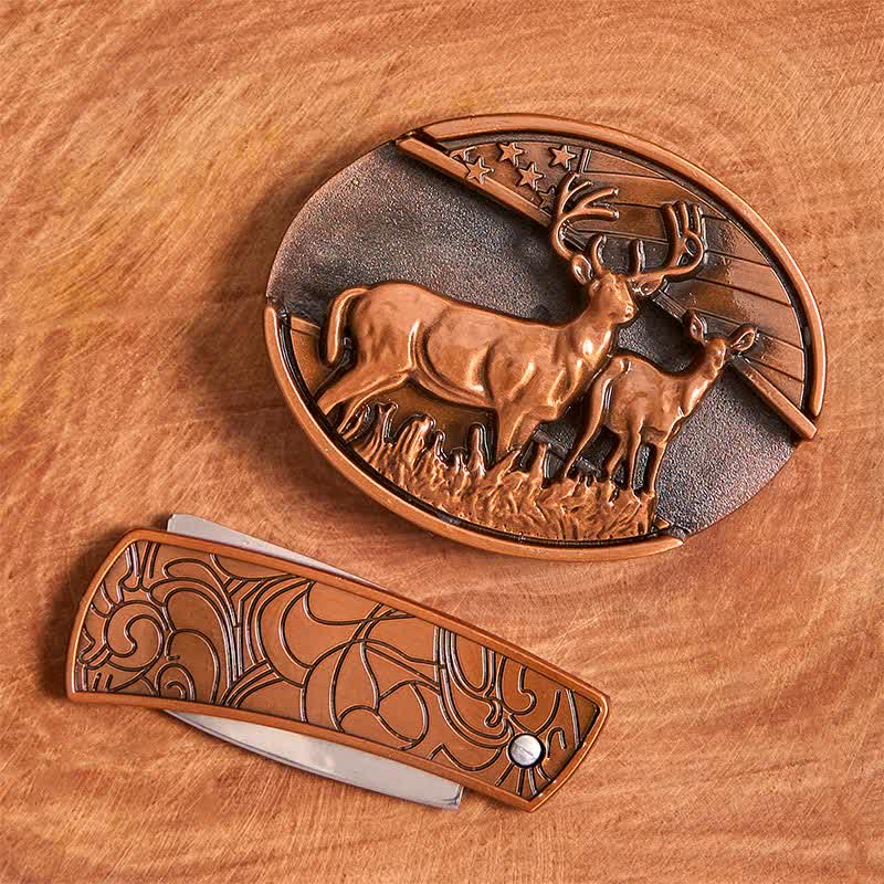 Cinturón de cuero con navaja plegable oculta de bronce rojo con doble ciervo para hombre - image 4