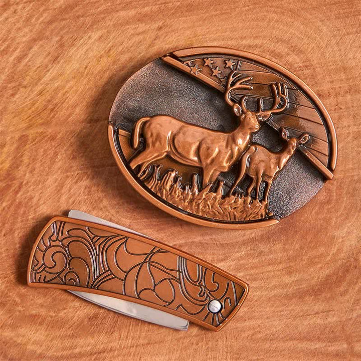 Cinturón de cuero con navaja plegable oculta de bronce rojo con doble ciervo para hombre - image 4