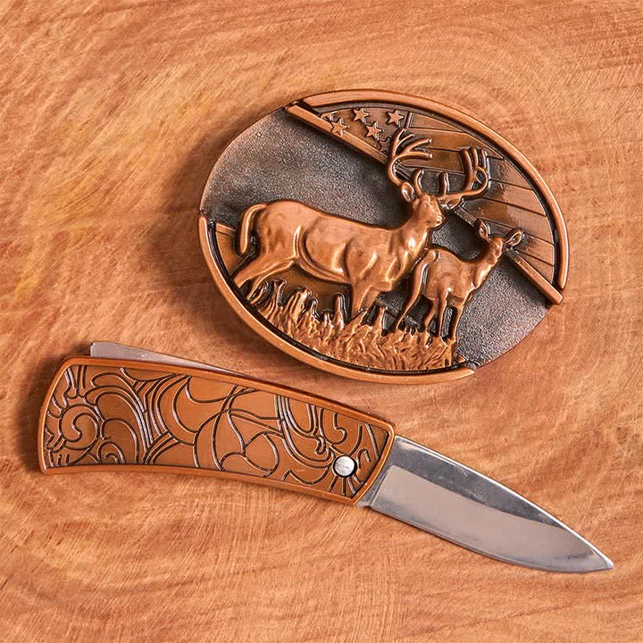 Cinturón de cuero con navaja plegable oculta de bronce rojo con doble ciervo para hombre - image 2