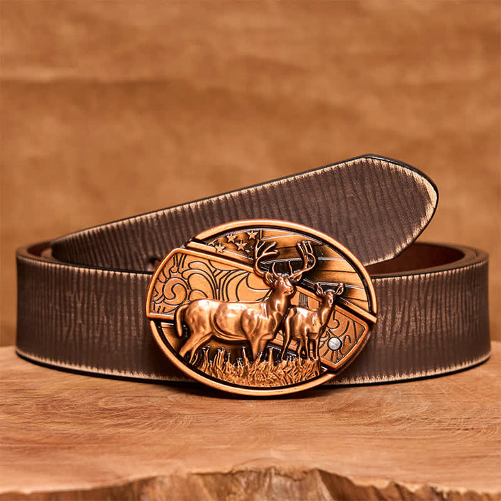 Cinturón de cuero con navaja plegable oculta de bronce rojo con doble ciervo para hombre - Ciervos dobles - Cinturón marrón desgastado - 42 - image 9