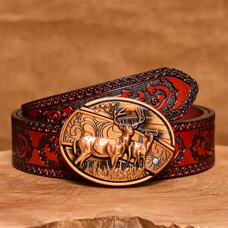 Cinturón de cuero con navaja plegable oculta de bronce rojo con doble ciervo para hombre - Ciervos dobles - Cinturón tallado marrón - 42 - image 8