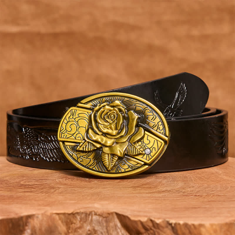 Cinturón de cuero con navaja plegable oculta de bronce rosa para hombre - Rosa - Cinturón de águila negra en relieve - 42 - image 7