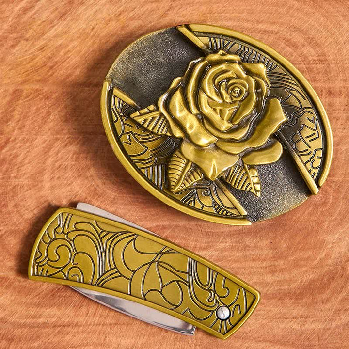 Cinturón de cuero con navaja plegable oculta de bronce rosa para hombre - image 4
