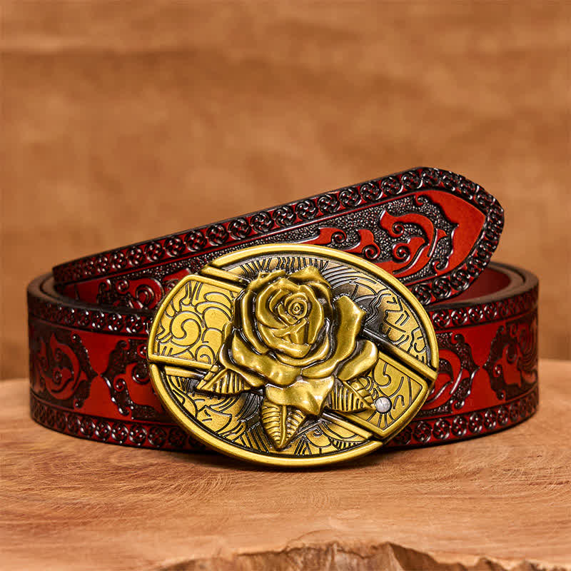 Cinturón de cuero con navaja plegable oculta de bronce rosa para hombre - Rosa - Cinturón tallado marrón - 42 - image 8