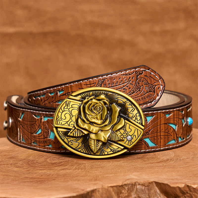 Cinturón de cuero con navaja plegable oculta de bronce rosa para hombre - Rosa - Cinturón tallado en turquesa - 42 - image 6