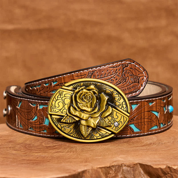 Cinturón de cuero con navaja plegable oculta de bronce rosa para hombre - Rosa - Cinturón tallado en turquesa - 42 - image 6