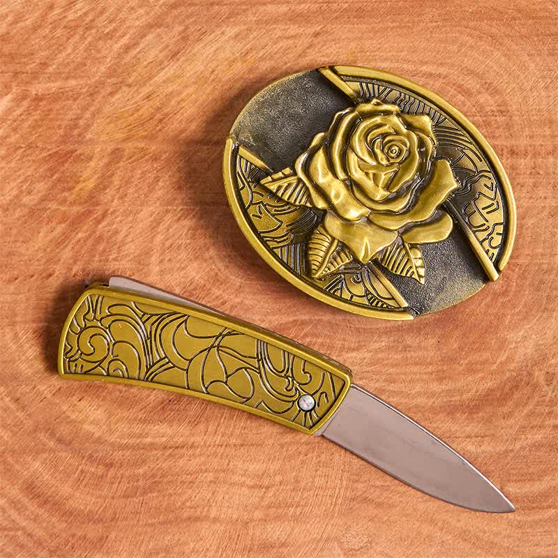 Cinturón de cuero con navaja plegable oculta de bronce rosa para hombre - image 2