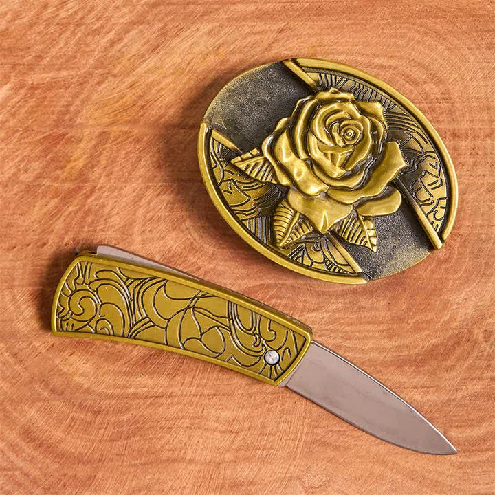 Cinturón de cuero con navaja plegable oculta de bronce rosa para hombre - image 2