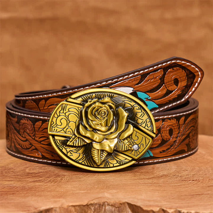 Cinturón de cuero con navaja plegable oculta de bronce rosa para hombre - Rosa - Cinturón de plumas marrones - 40 - image 10