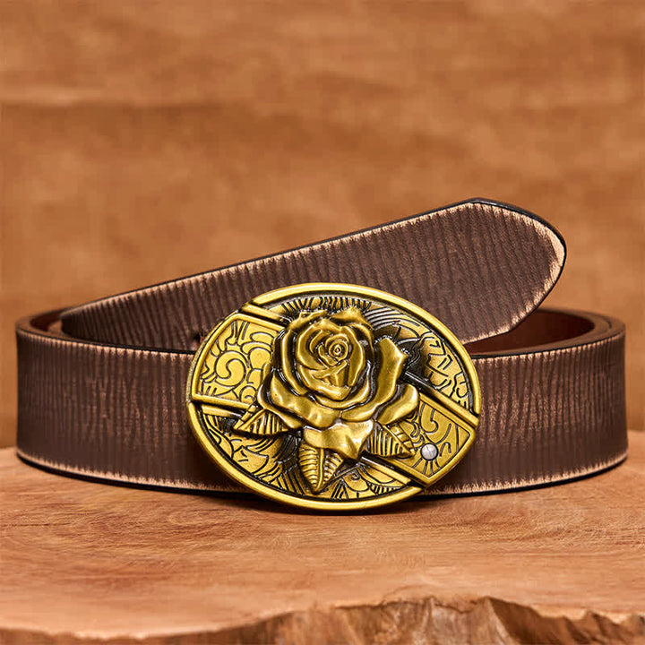 Cinturón de cuero con navaja plegable oculta de bronce rosa para hombre - Rosa - Cinturón marrón desgastado - 42 - image 9