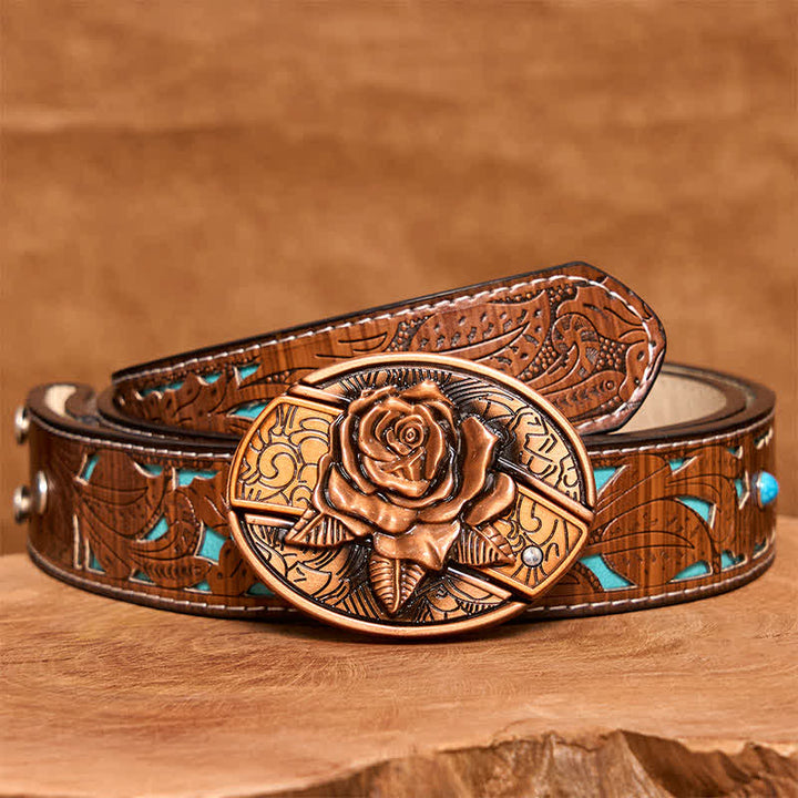 Cinturón de cuero con navaja plegable oculta en bronce rojo para hombre - Rosa - Cinturón tallado en turquesa - 42 - image 6