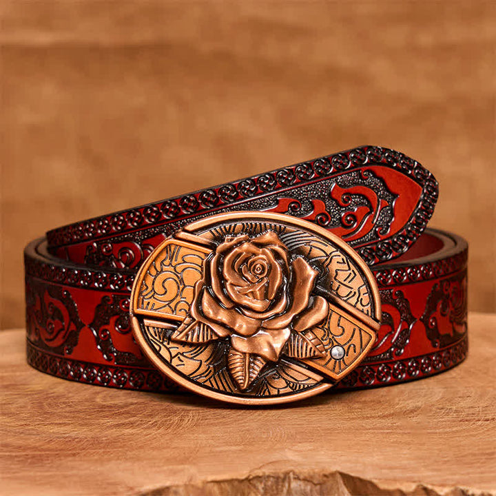 Cinturón de cuero con navaja plegable oculta en bronce rojo para hombre - Rosa - Cinturón tallado marrón - 42 - image 8