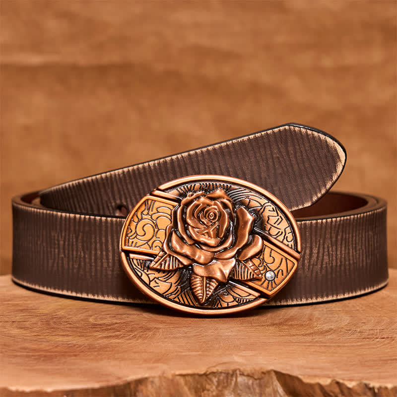 Cinturón de cuero con navaja plegable oculta en bronce rojo para hombre - Rosa - Cinturón marrón desgastado - 42 - image 9