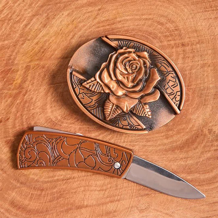Cinturón de cuero con navaja plegable oculta en bronce rojo para hombre - image 2