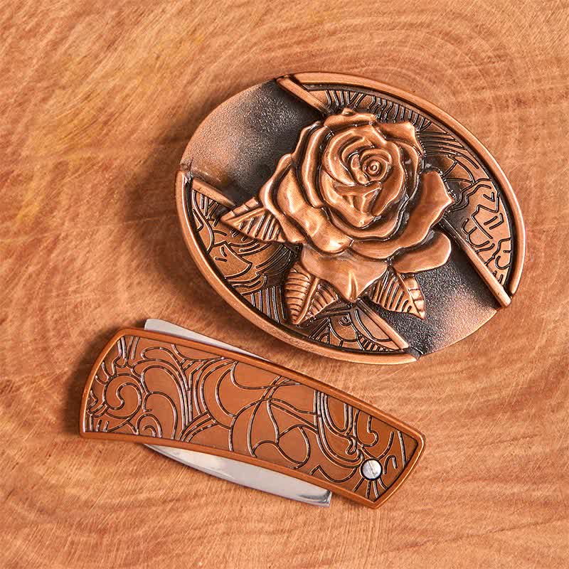 Cinturón de cuero con navaja plegable oculta en bronce rojo para hombre - image 4