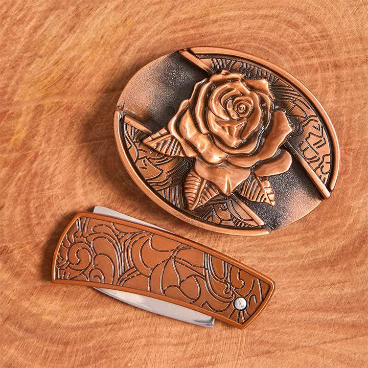 Cinturón de cuero con navaja plegable oculta en bronce rojo para hombre - image 4