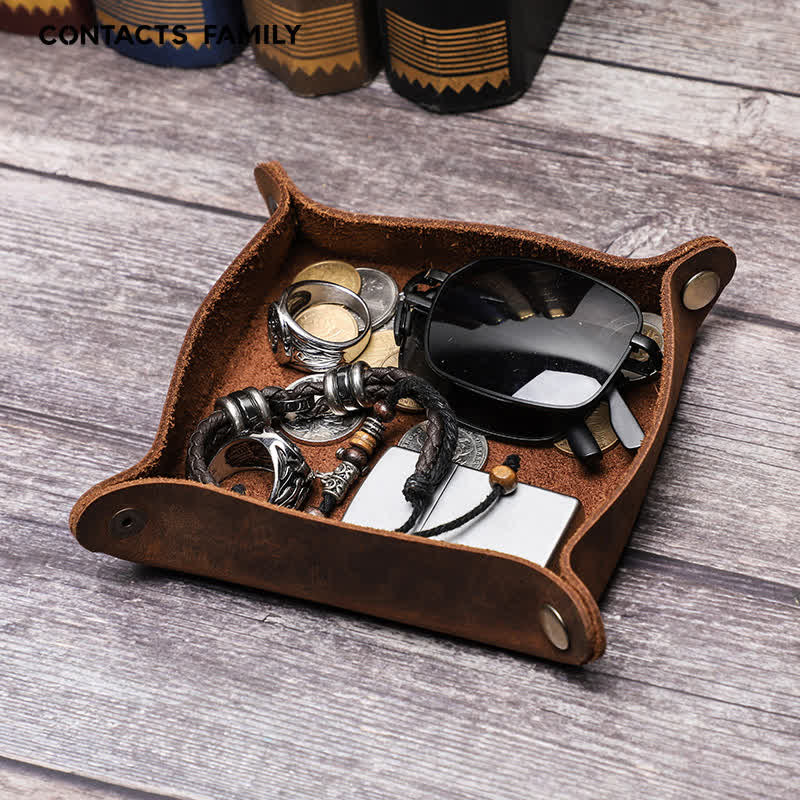 Bandeja plegable de valet rústica de cuero genuino con nombre personalizado - Café - image 1