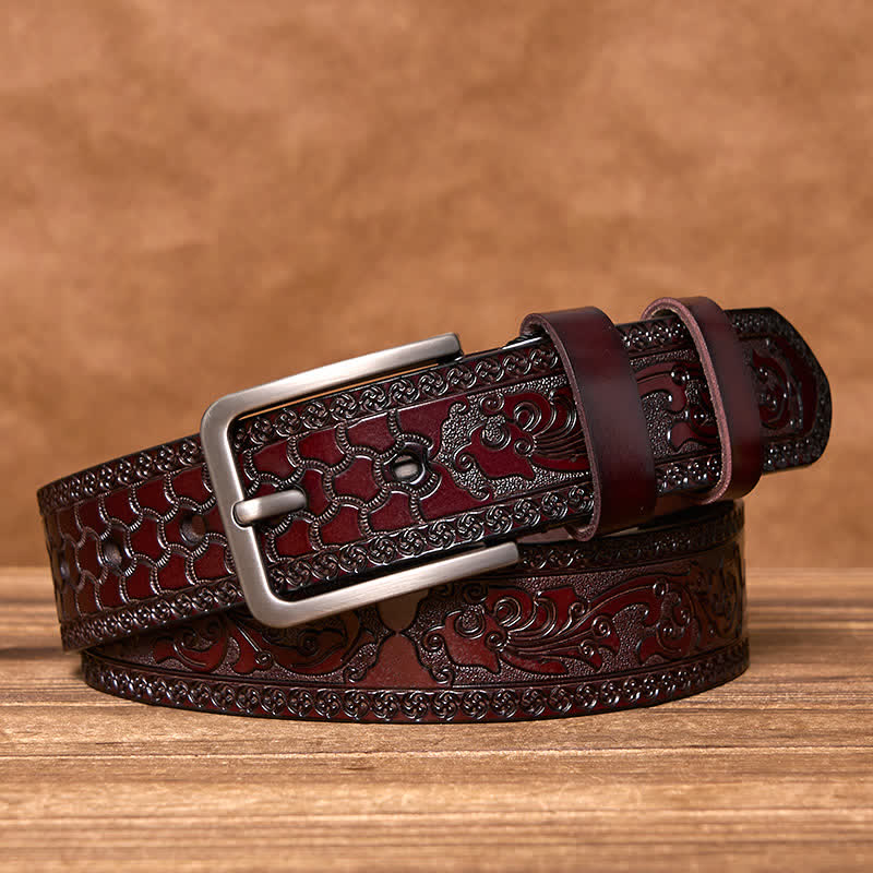 Cinturón de cuero de lujo con estampado floral en relieve para hombre - Café - 44 - image 1