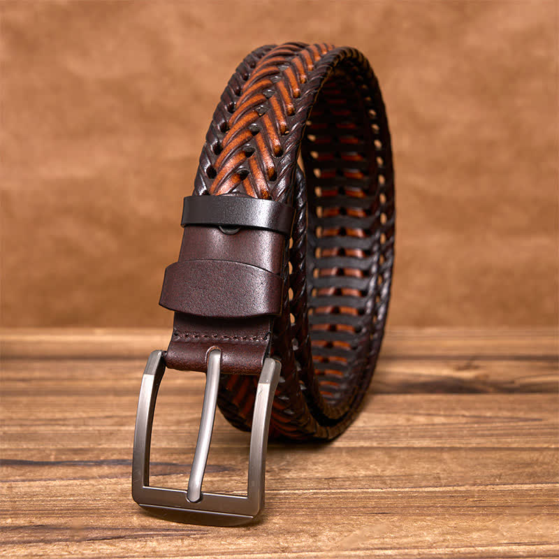 Cinturón de cuero trenzado tejido a mano para hombre - Marrón y café - 44 - image 21