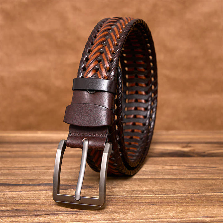 Cinturón de cuero trenzado tejido a mano para hombre - Marrón y café - 44 - image 21