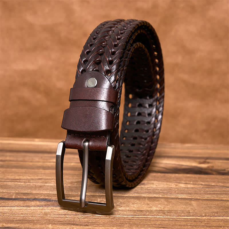 Cinturón de cuero trenzado tejido a mano para hombre - Café oscuro - 44 - image 11