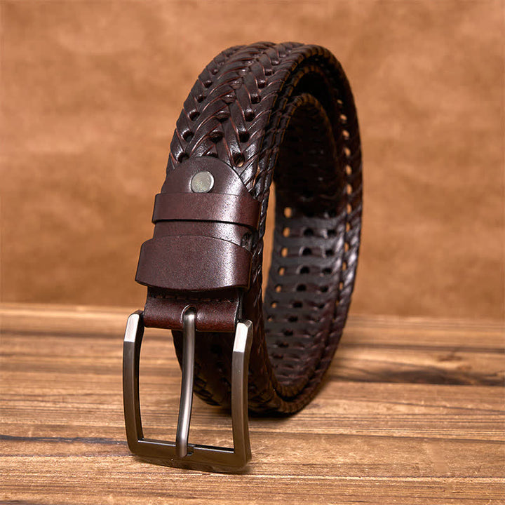 Cinturón de cuero trenzado tejido a mano para hombre - Café oscuro - 44 - image 11