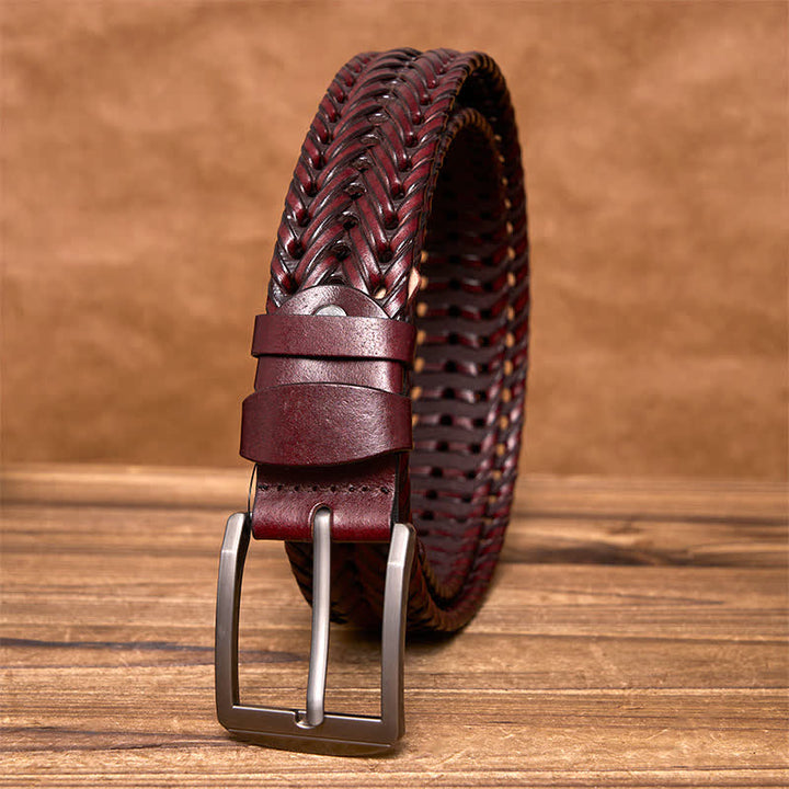 Cinturón de cuero trenzado tejido a mano para hombre - borgoña - 44 - image 16