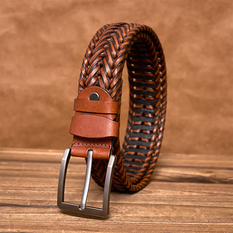 Cinturón de cuero trenzado tejido a mano para hombre - Marrón - 44 - image 1