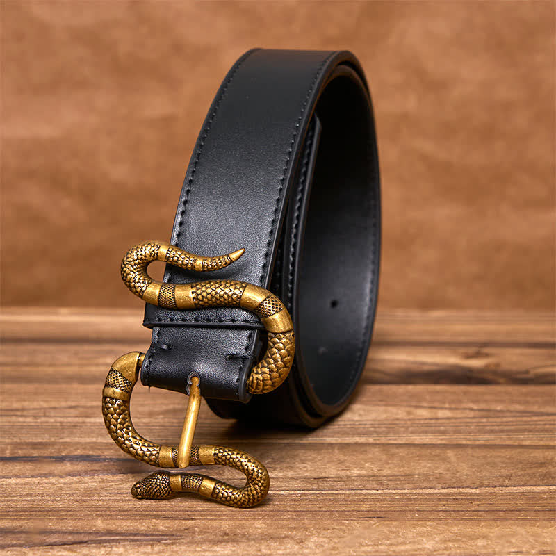 Cinturón de cuero estilo streetwear con hebilla de serpiente de bronce estilo punk para hombre - Negro - 44 - image 1
